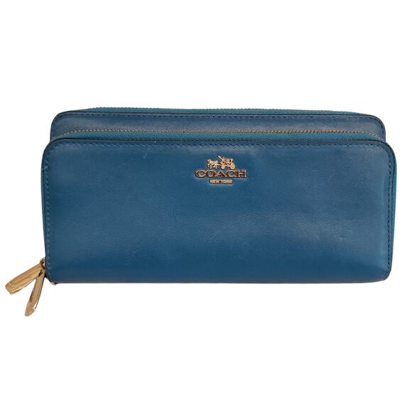 Coach Womens Accordion Zip Wallet Teal Blue Leather Wallet - Picture 1 of 16